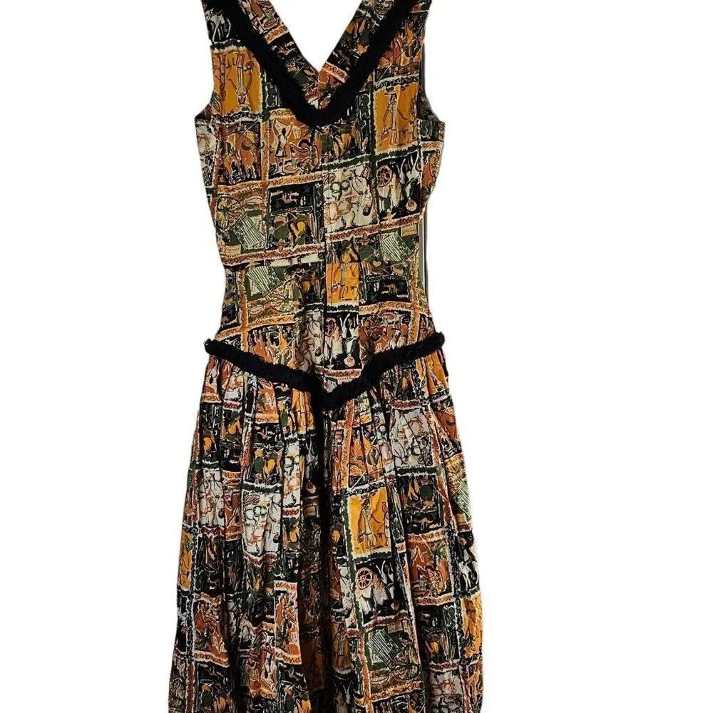Vintage 50s 60s Patio Dress Womens Size S Black Mexican Fit Flare Orange Green